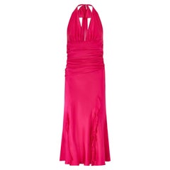 1990 - Robe midi en soie fuchsia à col licou