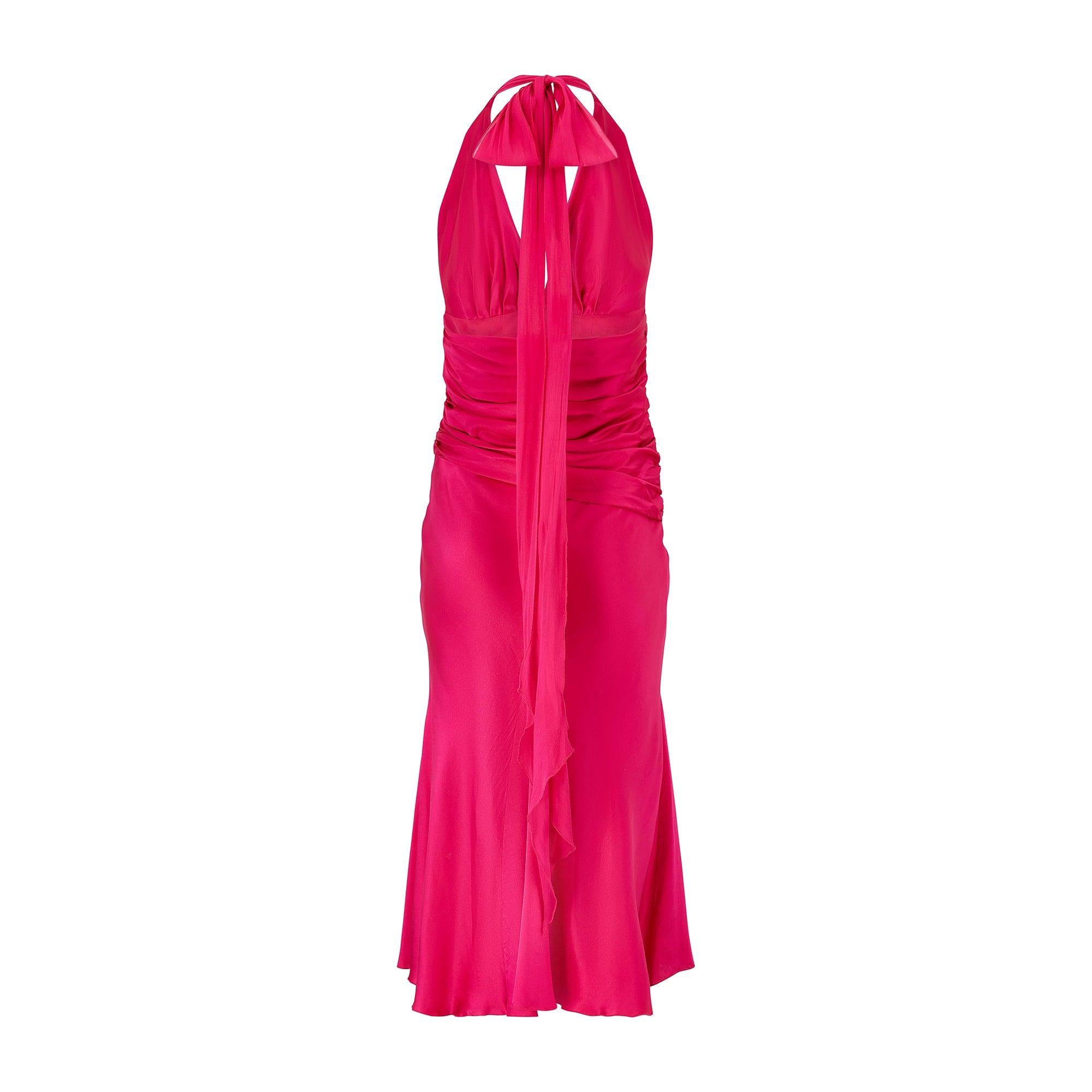 Rouge 1990 - Robe midi en soie fuchsia à col licou en vente