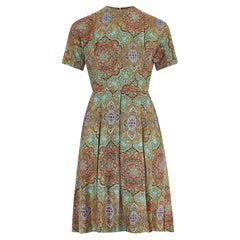 Vintage 1960s Mustard Paisley Silk Short-Sleeve Pleated Dress
