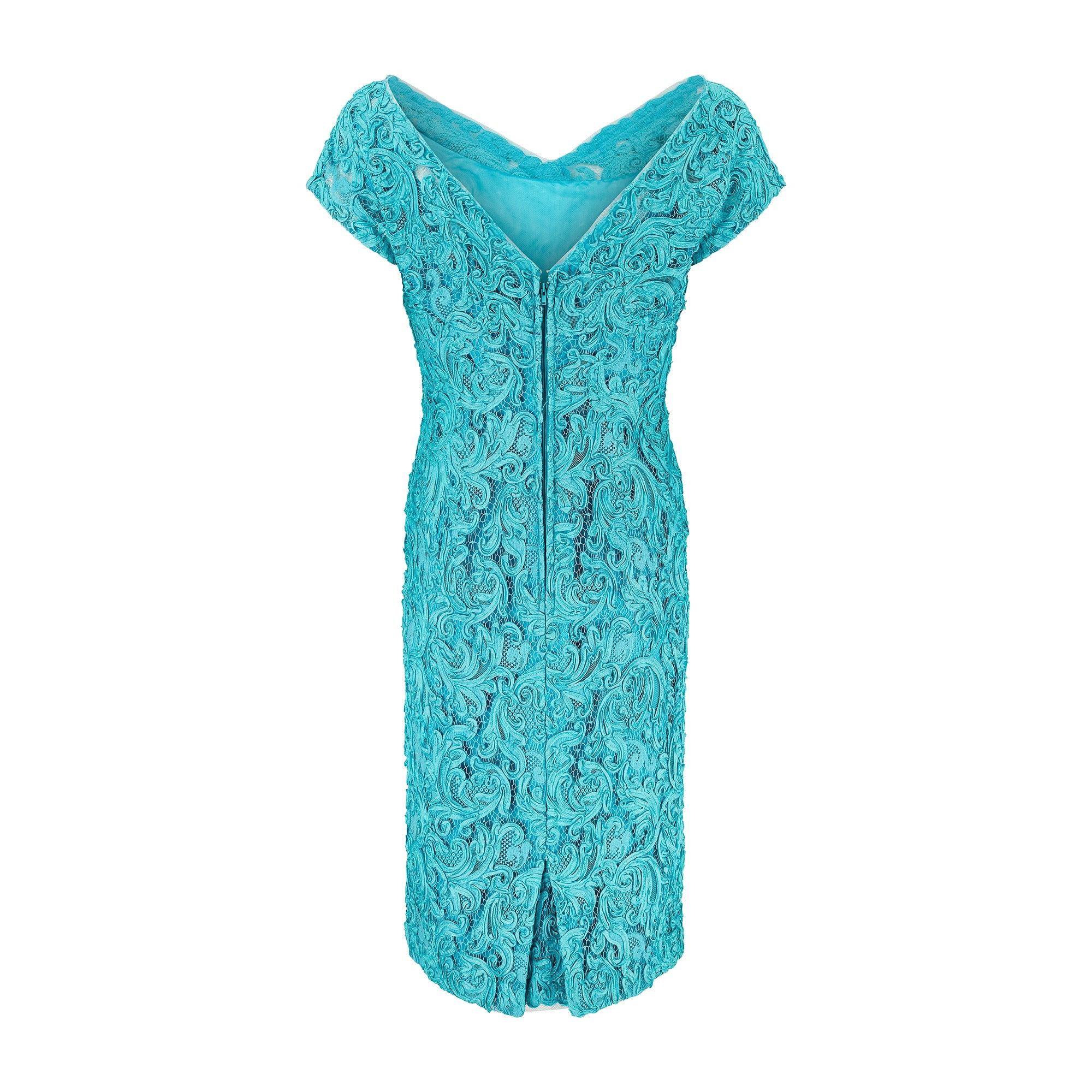 Bleu Roter Couture 1960 - Robe à manches courtes en rubans turquoise en vente