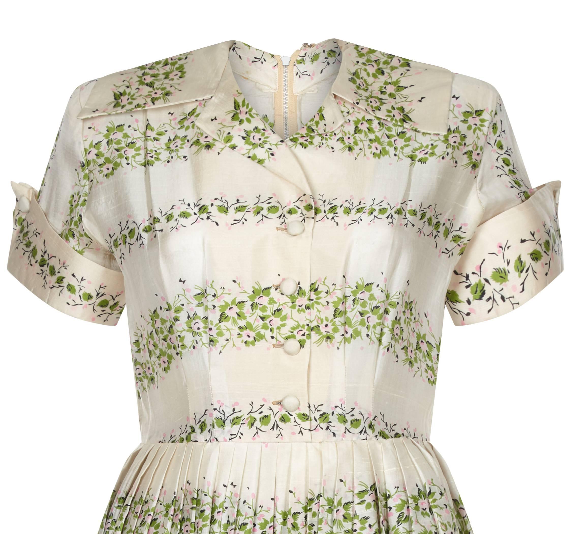 Beige 1950s Silk Cream Floral Dress