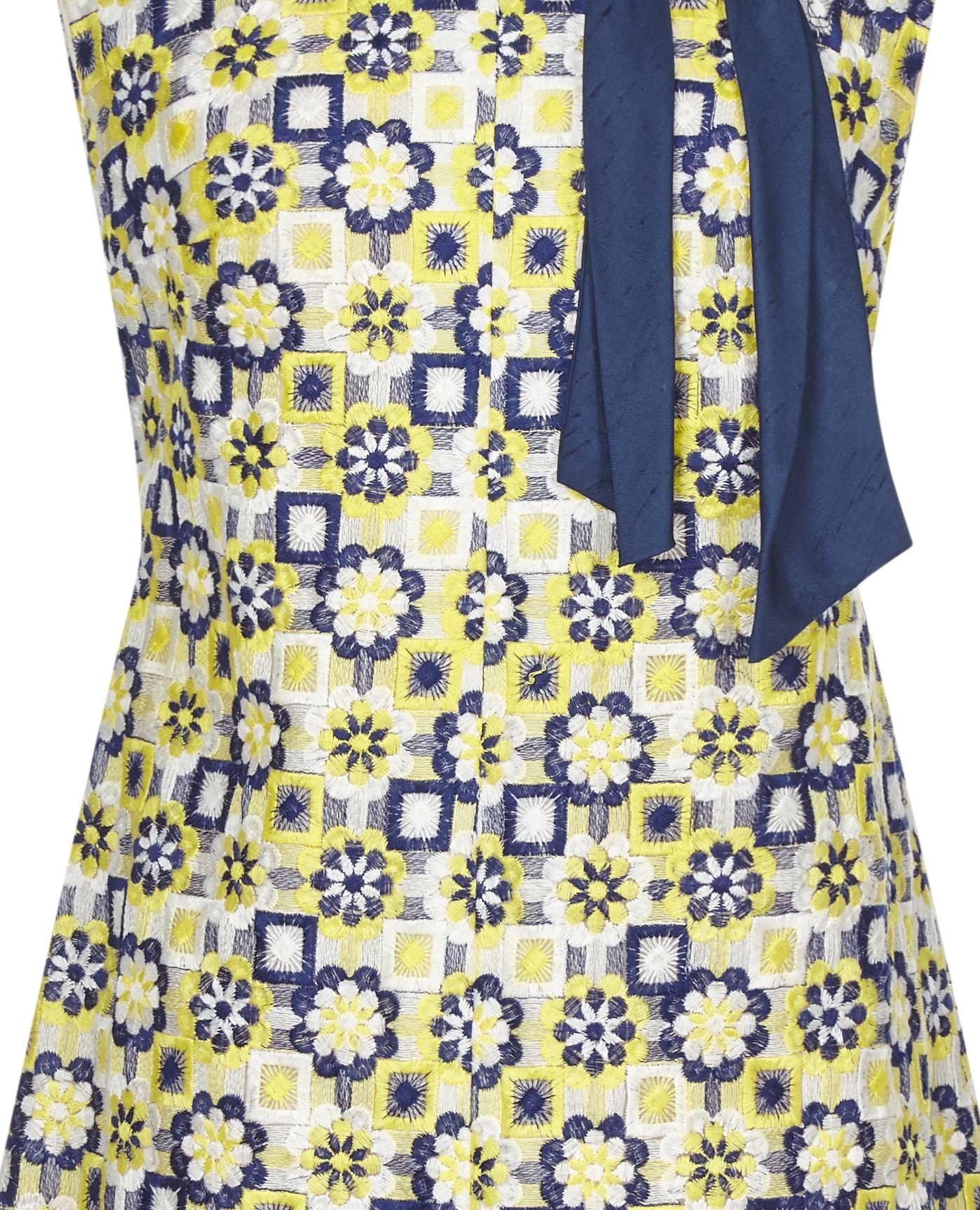 Beige 1960s French Couture Blue and Yellow Embroidered A-Line Shift Dress