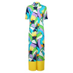 1980s Turquoise Blue Yellow Geometric Print Jumpsuit