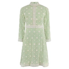 1960s Rulhina Pistachio Green Embroidered High-Neck Dress