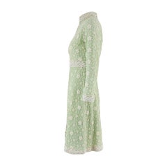 1960s Rulhina Pistachio Green Embroidered High-Neck Dress