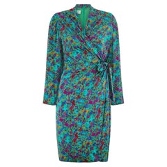 1980s Caroline Charles Emerald Green Floral Wrap Dress