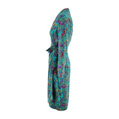 1980s Caroline Charles Emerald Green Floral Wrap Dress