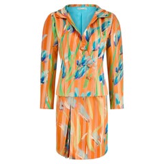 1992 Emanuel Ungaro Haute Couture Orange Silk Floral Skirt Suit