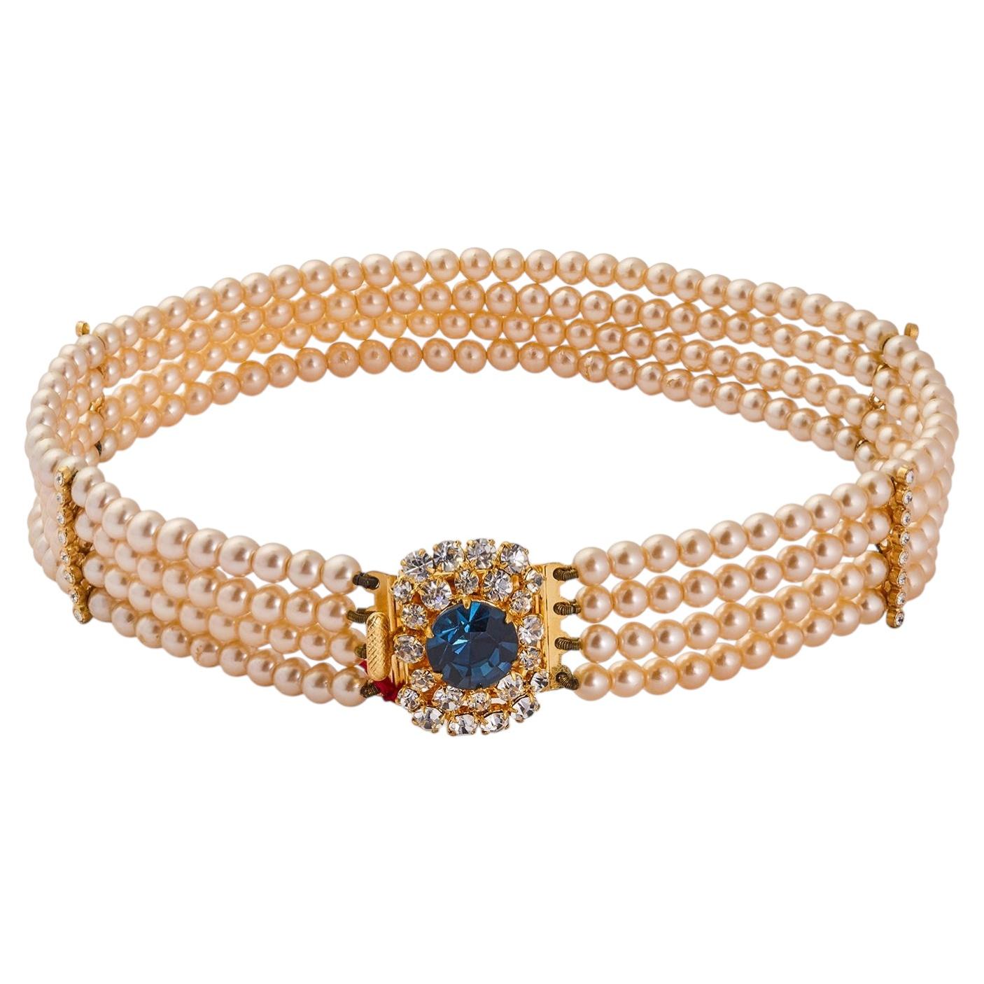 1970s 4-Row Pearl Choker Necklace with Crystal and Blue Gemstone Clasp