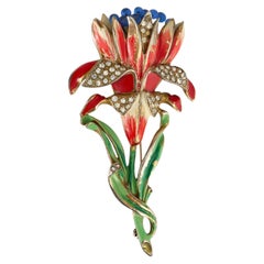 1941 Reja Large Enamel Floral Iris Brooch with Diamantes