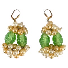 1960s French Couture Green Glass and Pearl Statement Earrings