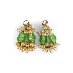 1960s French Couture Green Glass and Pearl Statement Earrings