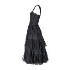 1950s Norman Hartnell Couture Black Lace Tulle Evening Dress