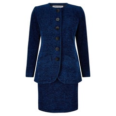 1990s Yves Saint Laurent Blue Chenille Skirt Suit with Clover Buttons