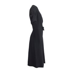 1940s Black Knit Puff-Sleeve Belted Midi Dress