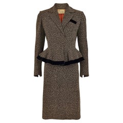1940s Lilli Ann Brown Tweed Skirt Suit with Black Velvet Trim