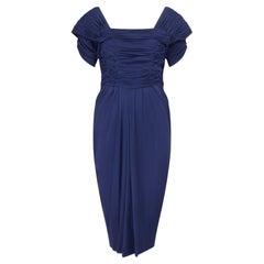 Seidenjersey-Kleid in Marineblau mit Rüschen von Worth London aus den 1950er Jahren