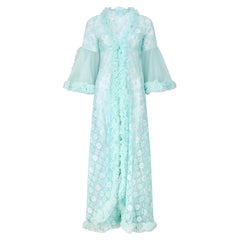 1960s Turquoise Floral Lace Peignoir Robe with Ruffle Trim