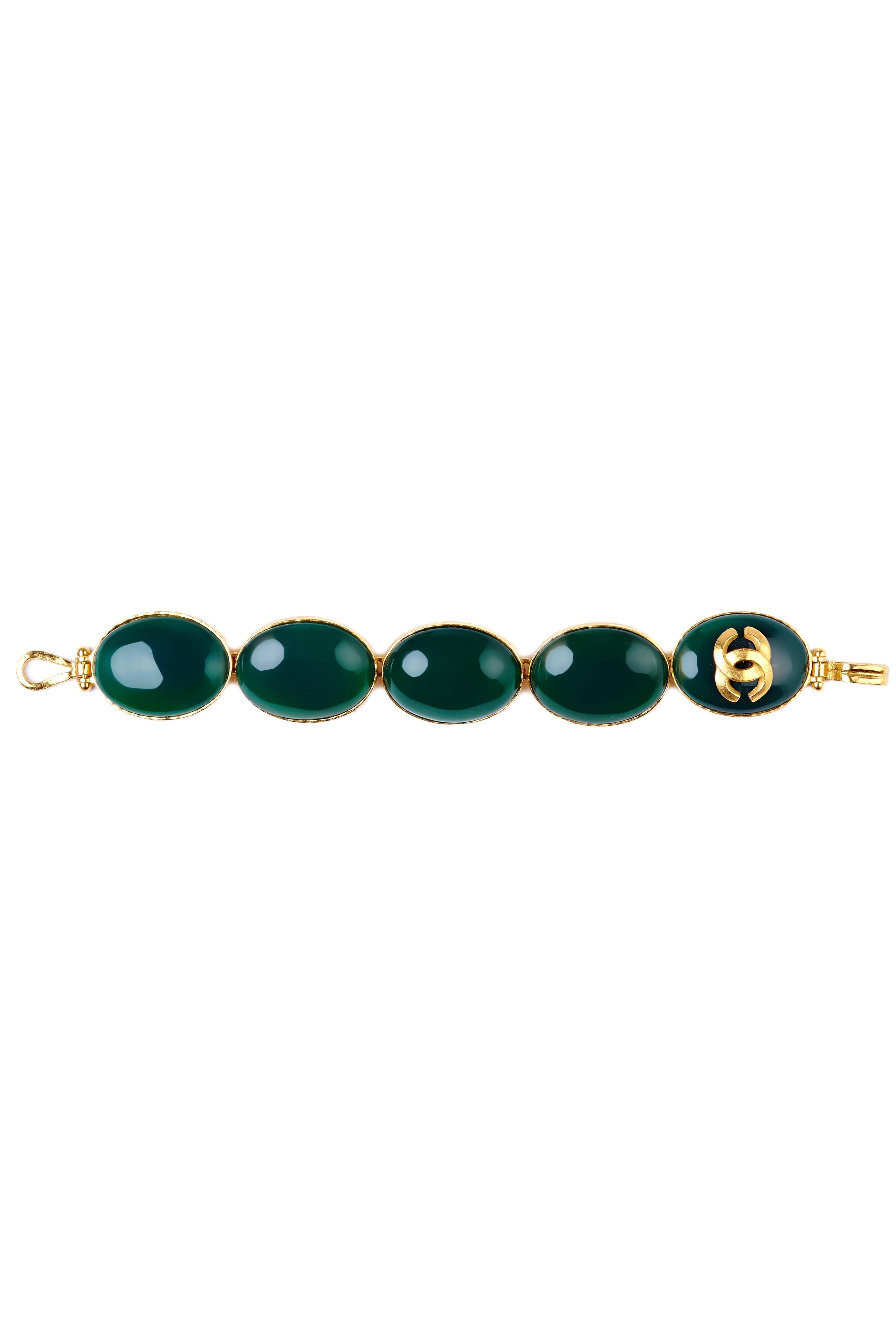 Chanel 1980s Faux Jade Gold Bracelet with Double CC Logo In Excellent Condition In London, GB