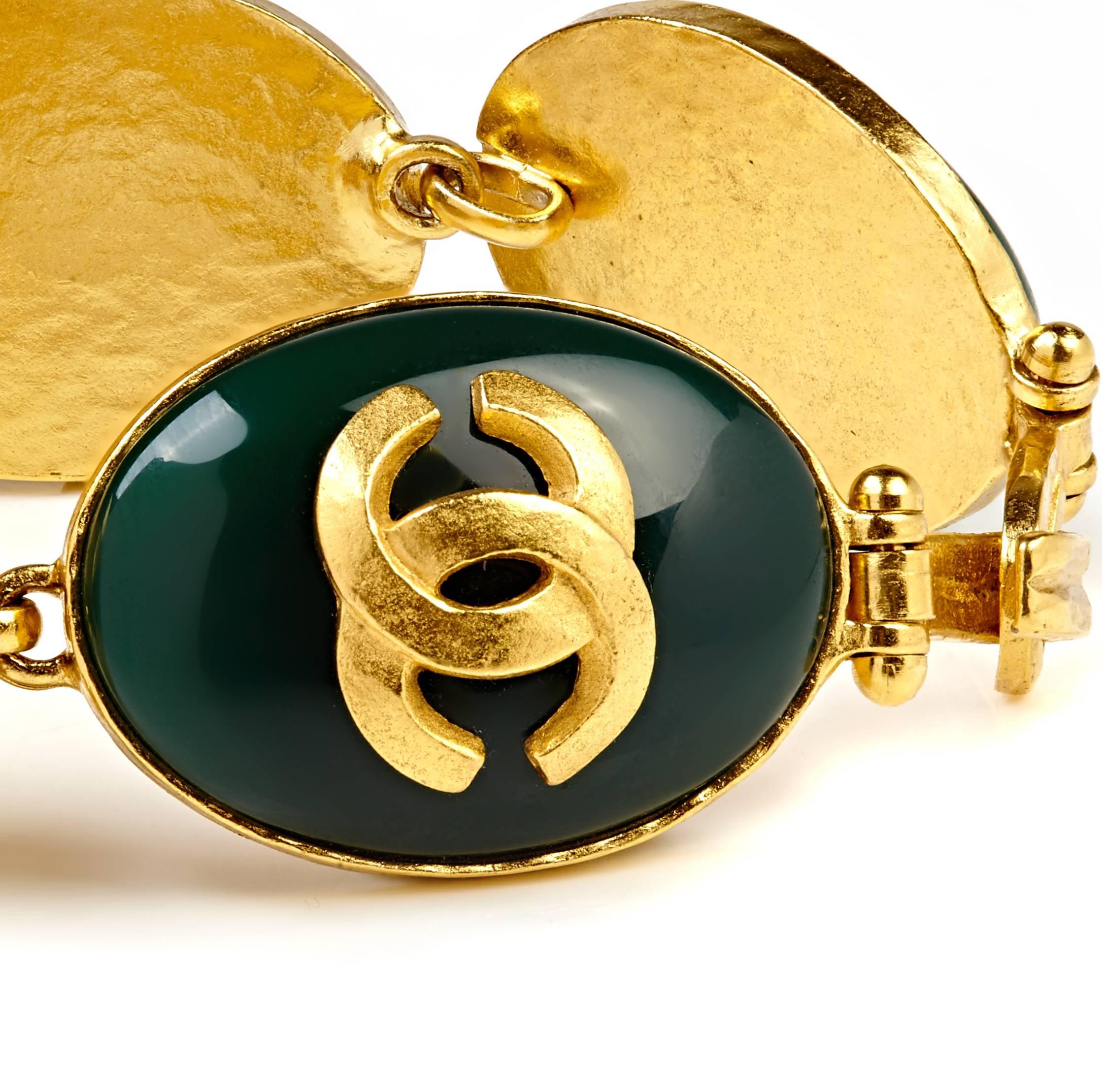 Women's Chanel 1980s Faux Jade Gold Bracelet with Double CC Logo