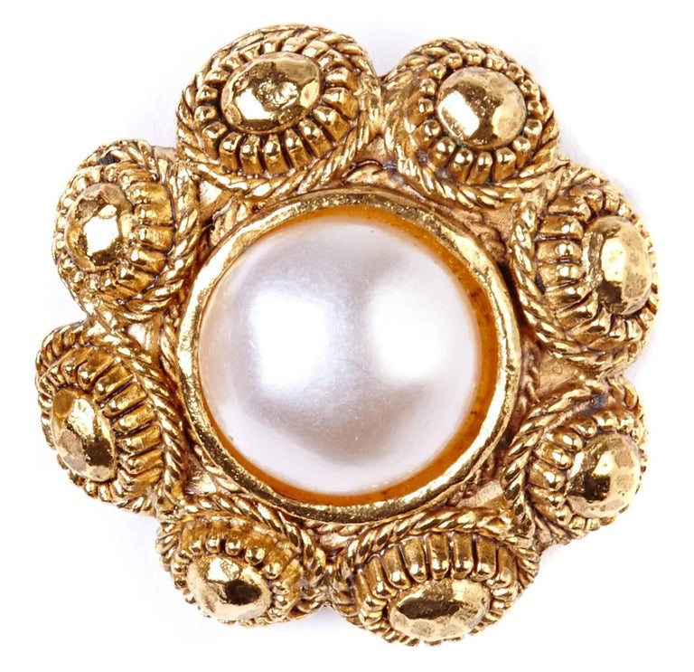 Chanel Gold Gilt Flower Earrings with Faux Pearl Detail For Sale at 1stdibs