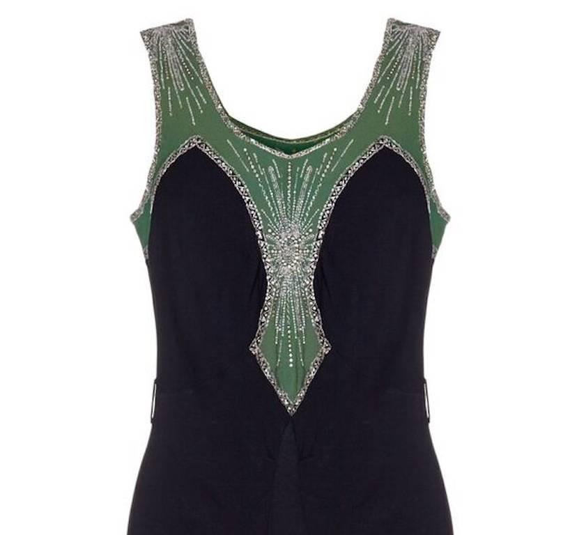 Vintage 1930s Black Crepe Slip Dress with Prong-Set Rhinestones and Beadwork In Excellent Condition In London, GB