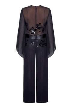 Vintage 1970s Black Chiffon Jumpsuit With Oversized Sequin Embellishment