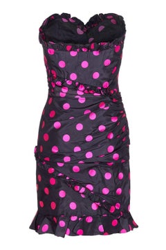 Emanuel Ungaro 1980s Black Silk Taffeta Polka Dot Off-Shoulder Cocktail Dress