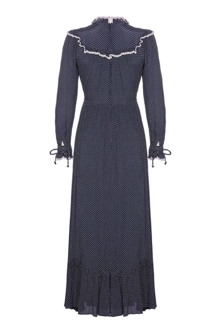 Vera Mont 1970s Prairie Navy Polka Dot Dress For Sale at 1stdibs