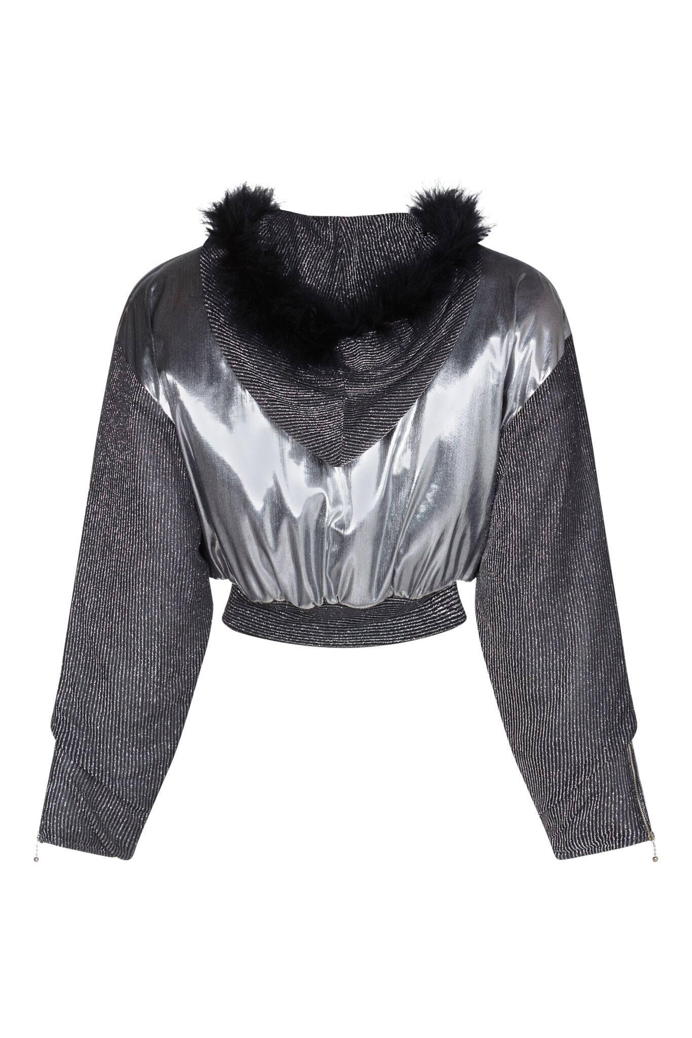 Vintage 1980s Silver Hooded Bomber Style Jacket With Black Feather Trim In Excellent Condition In London, GB