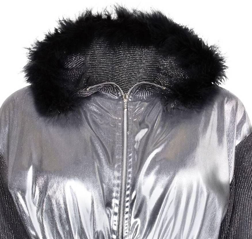Women's Vintage 1980s Silver Hooded Bomber Style Jacket With Black Feather Trim