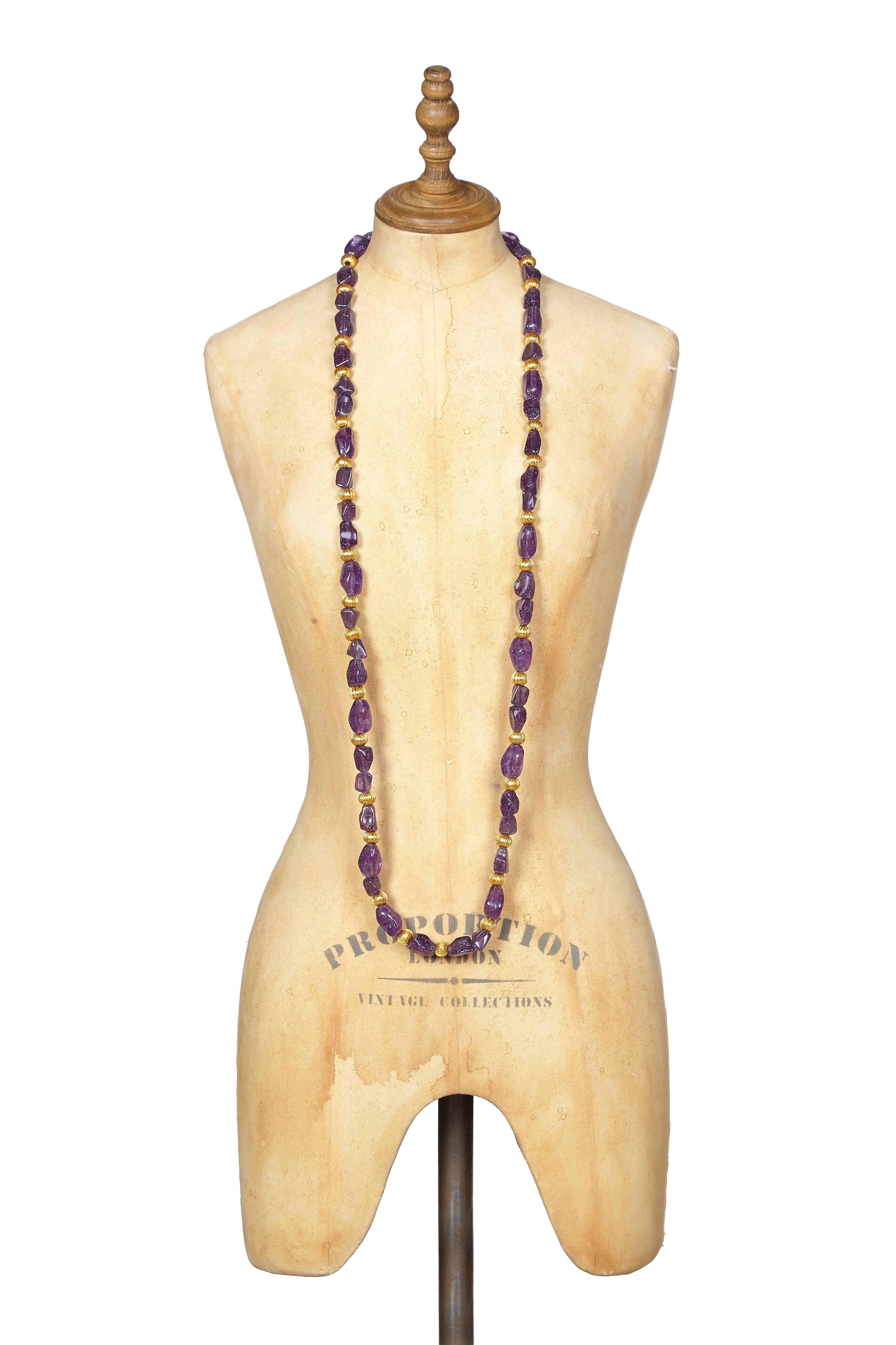 Women's Chanel 1990s Faux Amethyst Necklace / Belt with Gold Gilt Beads & Tassel Detail