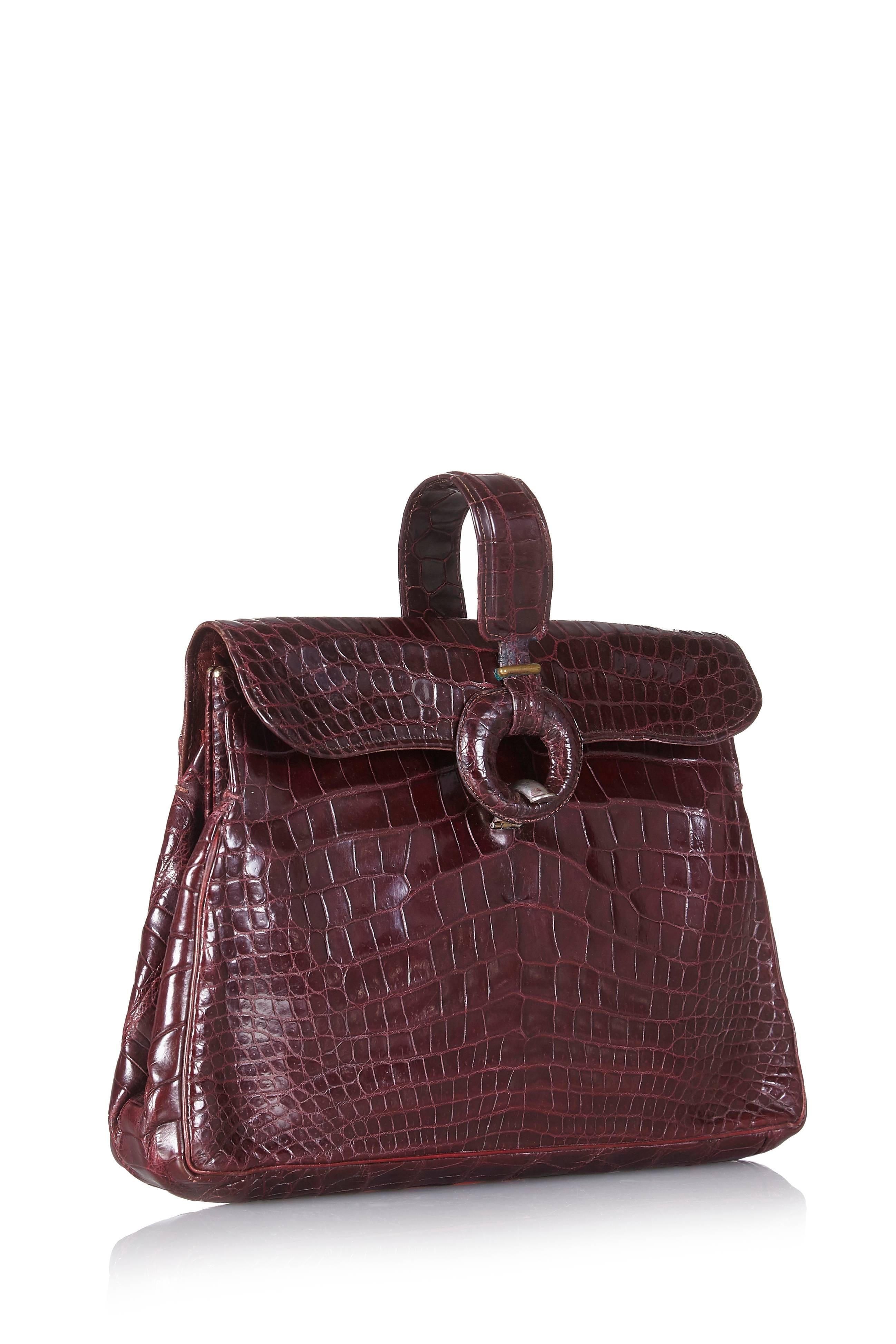 Black Original 1940s Large Burgundy Crocodile Skin Clutch Bag 