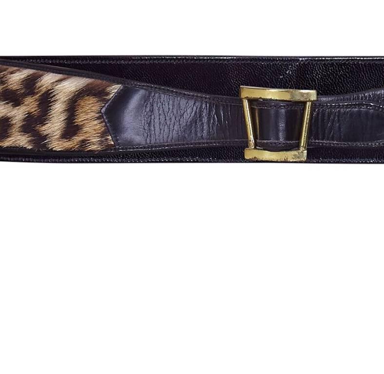 Vintage 1950s Authentic Leopard and Black Leather Belt With Gilt Buckle In Excellent Condition In London, GB