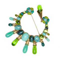 Large Christian Dior Crescent Brooch With Tear Drop and Green Glass Cabochons