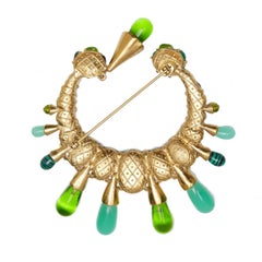 Large Christian Dior Crescent Brooch With Tear Drop and Green Glass Cabochons