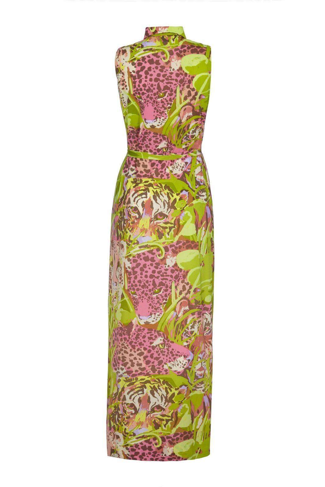 This exotic Ken Scott 1960s sleeveless maxi dress is a fantastic example of this designers extolled flare for flamboyant and innovative prints and progressive modernity. The dynamic novelty print of this piece depicts big cats (tigers, cheetahs,