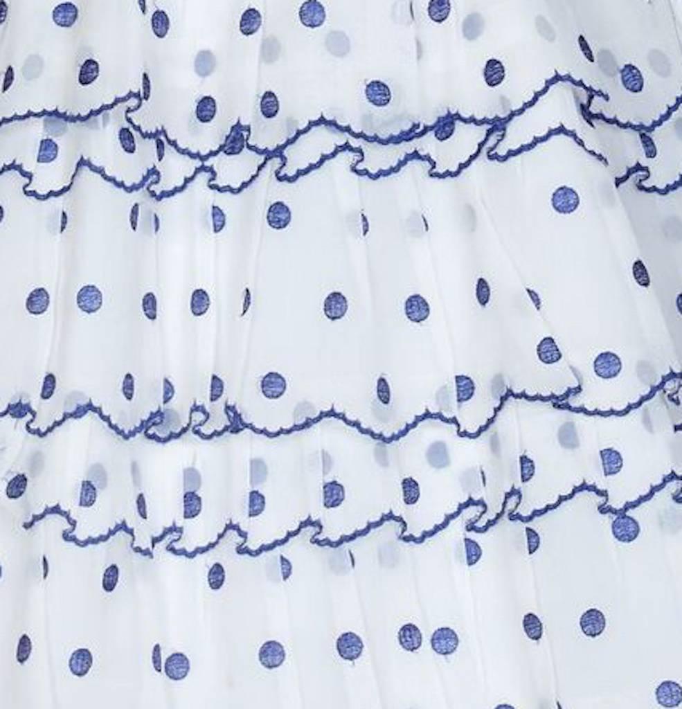 Women's Vintage 1950s French Couture Dress in White and Blue Polkadot Organza 