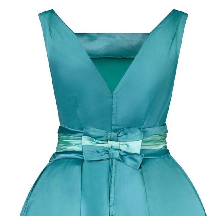 1950s Turquoise Satin Duchess Dress With Corseted Waistband For Sale at ...