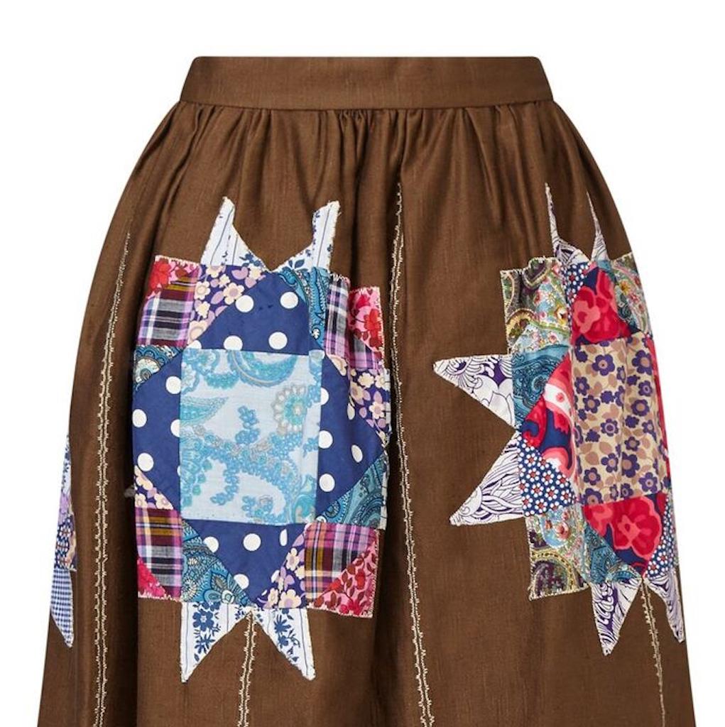 Black Belinda Belville 1970s Brown Cotton Patchwork Peasant Skirt 