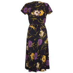 Klafter & Sobel Navy Rayon Floral Crepe Dress with Corsage, 1940s