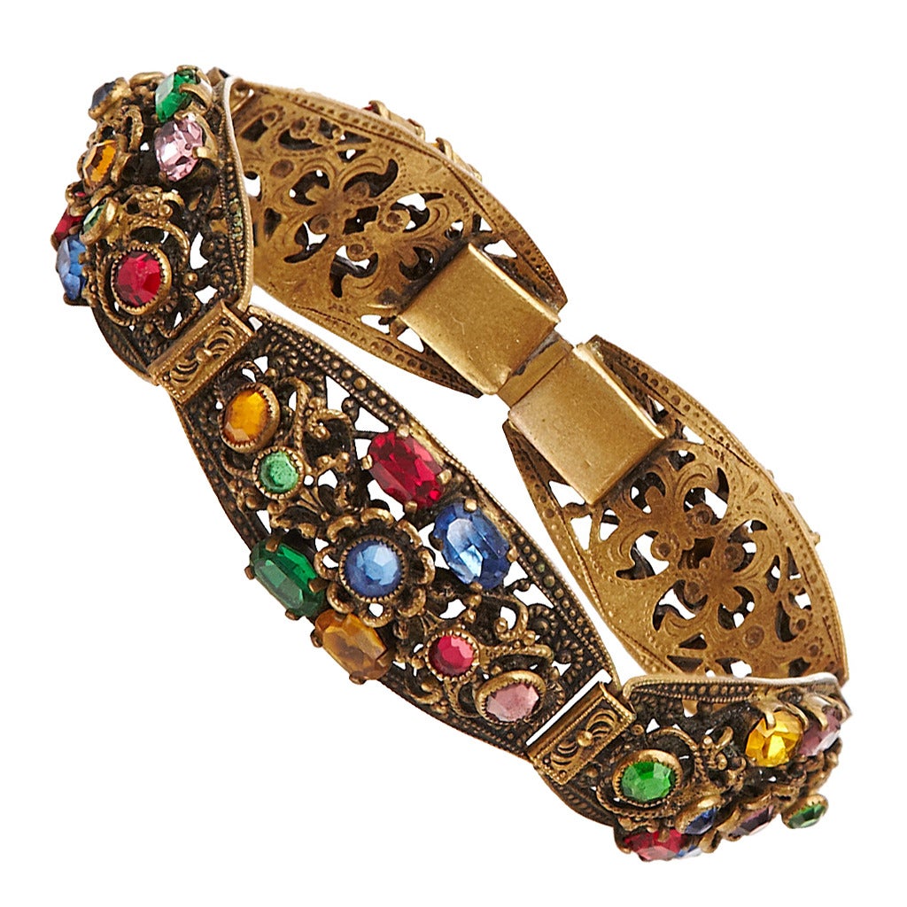 1930s Bohemian Multi-Coloured Czech Glass Gilt Metal Bracelet