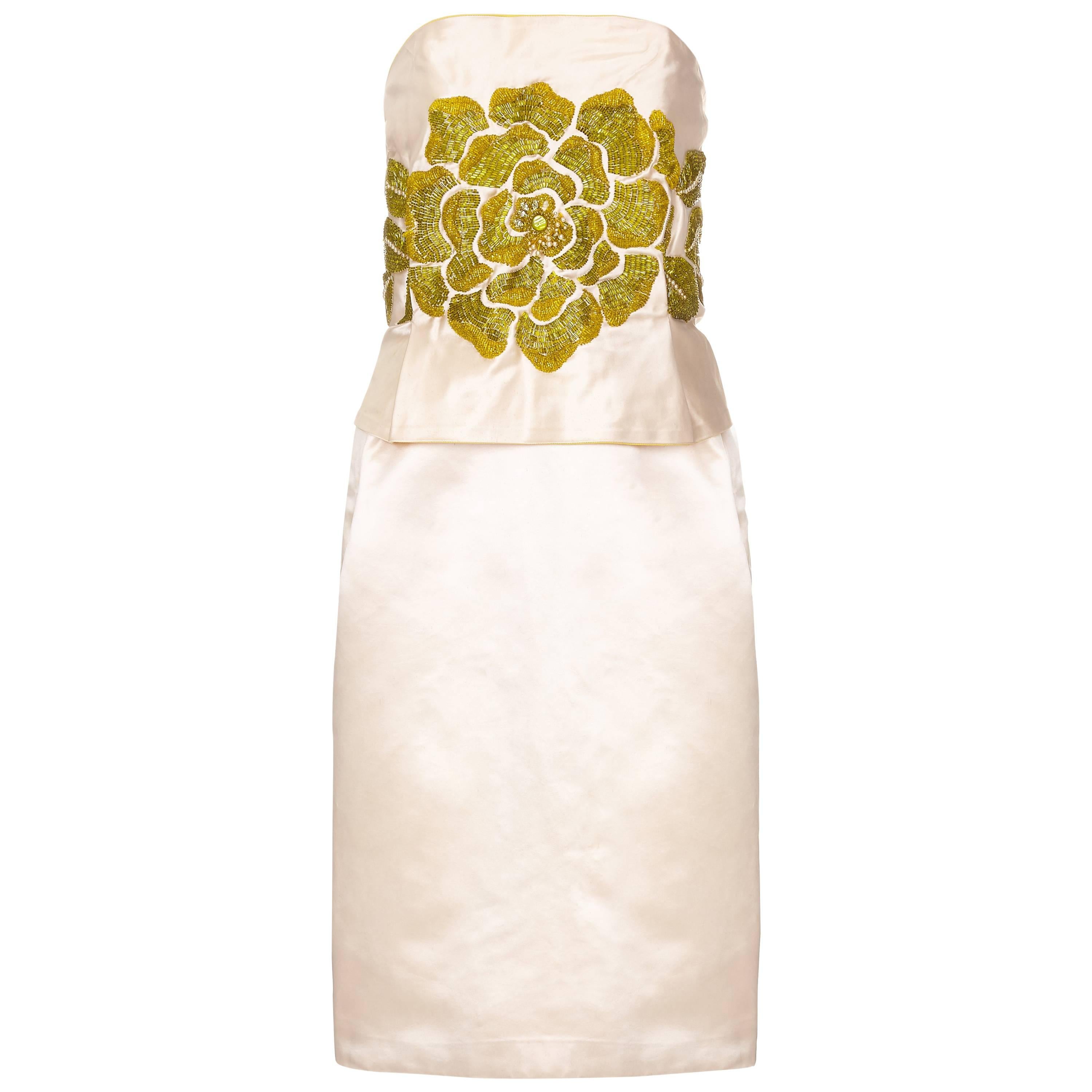 1960s Cream Silk Couture Dress with Elaborate Green Floral Beading 