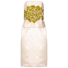 1960s Cream Silk Couture Dress with Elaborate Green Floral Beading