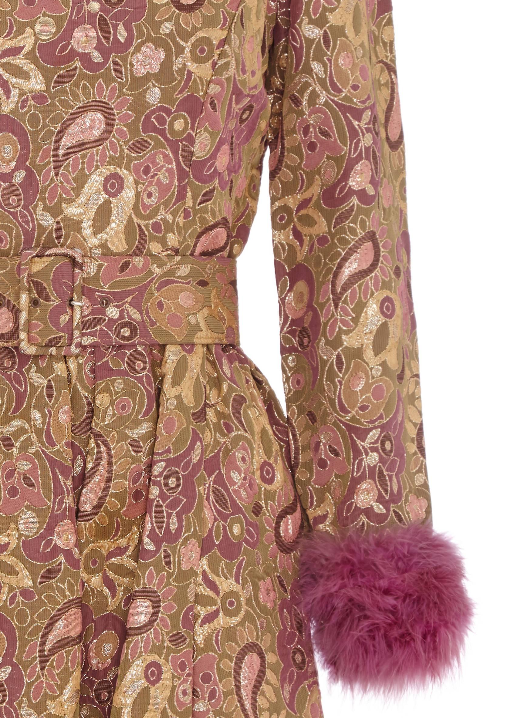 Brown 1960s Jean Varon Pink Dress With Fur Cuffs