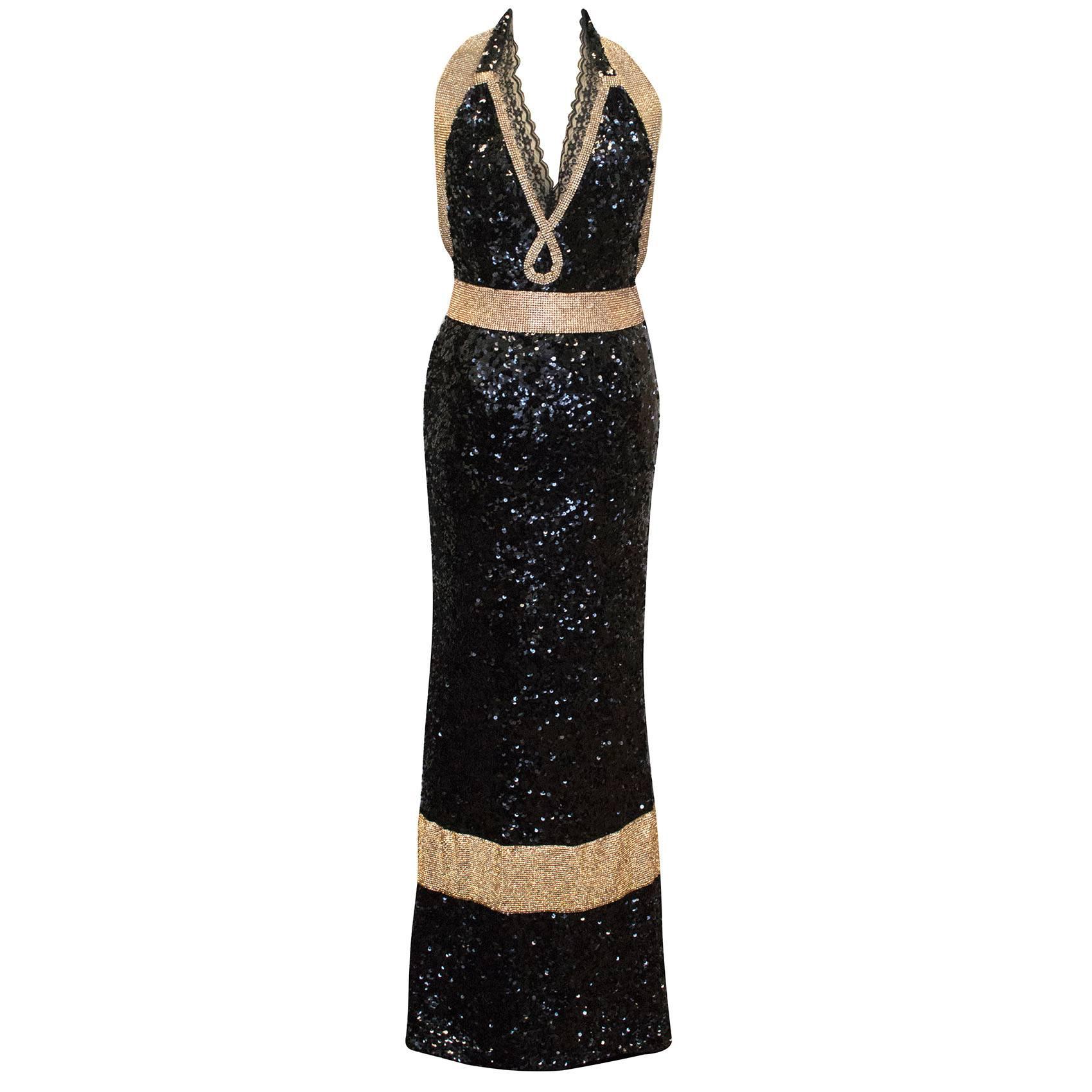 Dolce & Gabbana Bespoke Black and Gold Sequin and Crystal Evening Gown For Sale