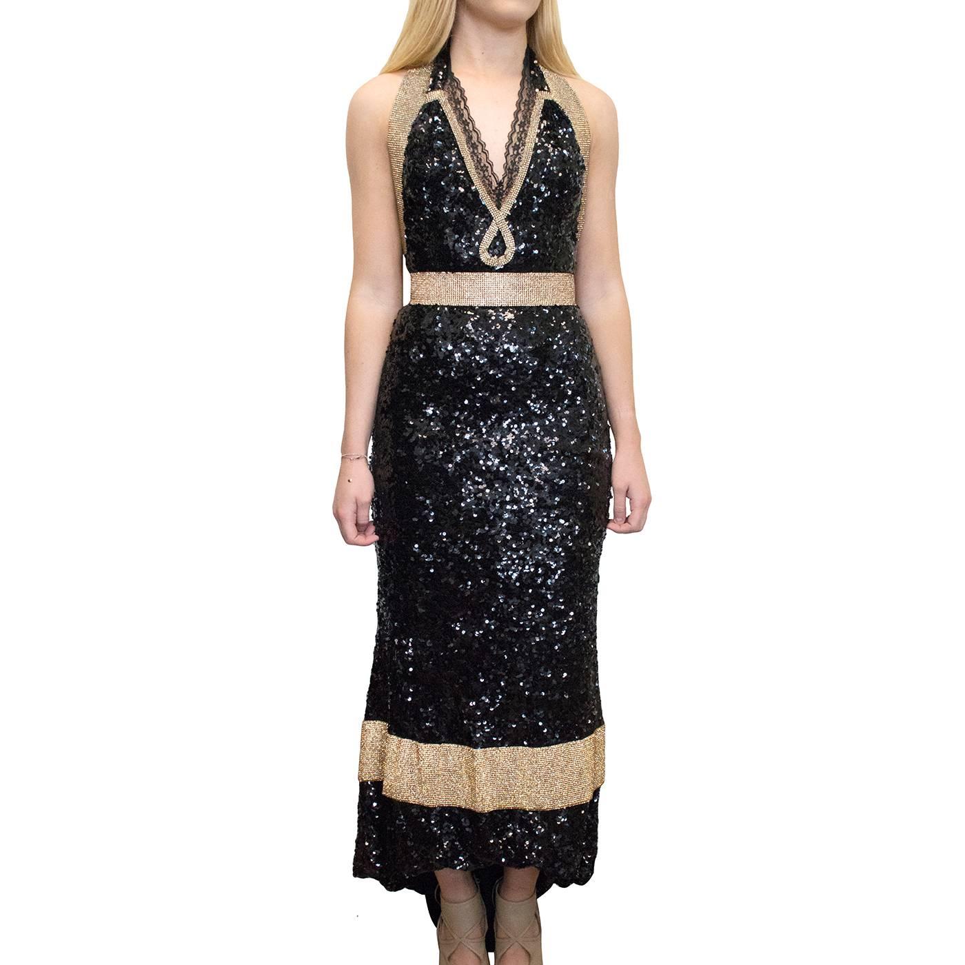 Dolce & Gabbana Bespoke Black and Gold Sequin and Crystal Evening Gown For Sale 2