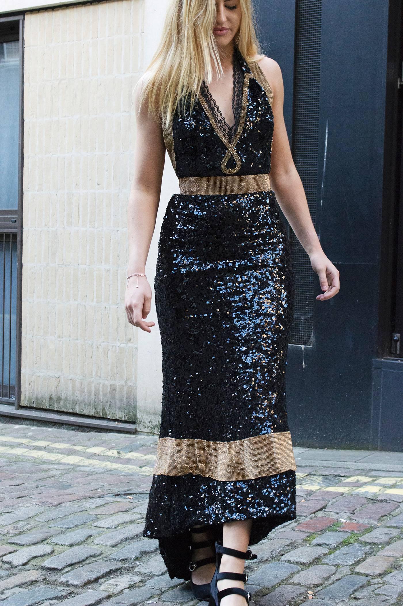 Dolce & Gabbana Bespoke Black and Gold Sequin and Crystal Evening Gown For Sale 3