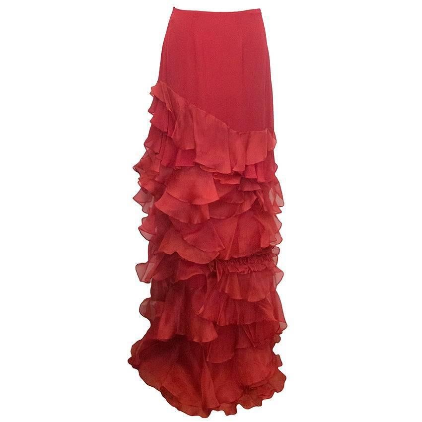 Roberta Furlanetto Red silk tiered skirt For Sale