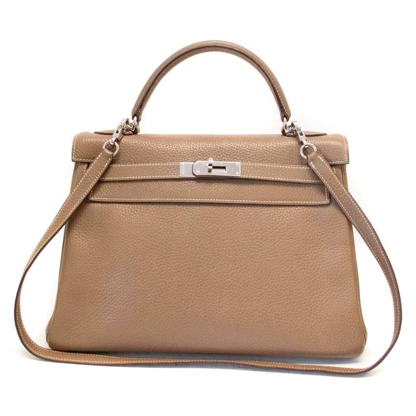 Hermes Etoupe Togo Leather Retourne Kelly 28cm With Palladium Hardware In Excellent Condition In London, GB